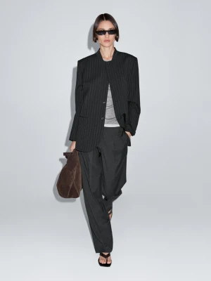 Marynarka W Paski Ze 100% Wełny Z Kołnierzykiem - Ciemnoszary - - Massimo Dutti - Kobieta