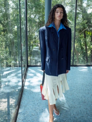 Marynarka w prążki z paskiem granatowy - Kobieta - - MANGO