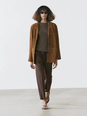 Marynarka Z Klapami 100% Zamszowej Skóry - Brązowy - - Massimo Dutti - Kobieta