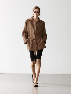 Marynarka Z Lnu 100% Z Kieszeniami I Paskiem - Brązowy - - Massimo Dutti - Kobieta