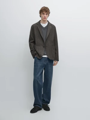 Marynarka Z Mieszanki Wełny Wykonana Ściegiem Jodełkowym - Brudnoszary - - Massimo Dutti - Mężczyzna