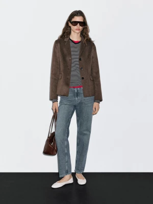 Marynarka Z Mieszanki Wełny Z Dopasowanym Kołnierzem - Czekoladowy - - Massimo Dutti - Kobieta