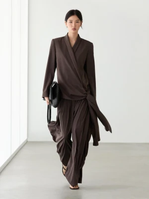 Marynarka Z Mieszanki Wełny Z Wiązaniem - Czekoladowy - - Massimo Dutti - Kobieta