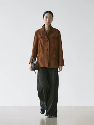 Marynarka Z Zamszowej Skóry Z Kieszeniami - Brązowy - - Massimo Dutti - Kobieta