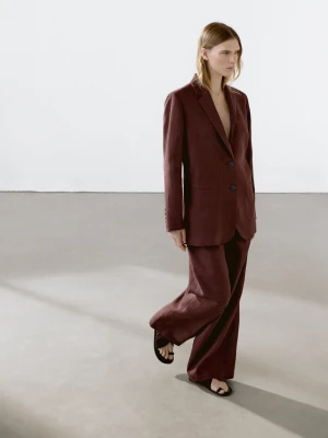 Marynarka Ze 100% Lnu Zapinana Na Dwa Guziki - Bordowy - - Massimo Dutti - Kobieta