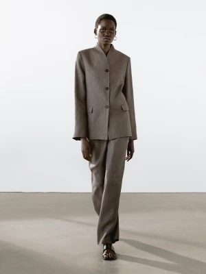 Marynarka Ze 100% Lnu Ze Stójką - Szaroniebieski - - Massimo Dutti - Kobieta