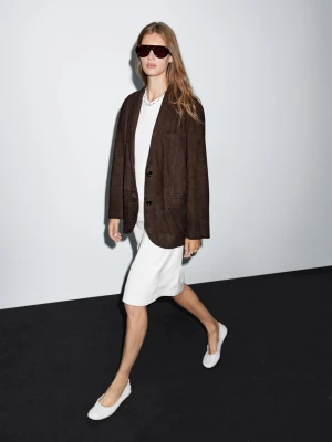 Marynarka Ze Skórzanego Zamszu - Brązowy - - Massimo Dutti - Kobieta