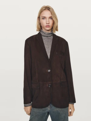 Marynarka Ze Skórzanego Zamszu - Brązowy - - Massimo Dutti - Kobieta