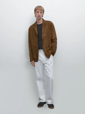 Marynarka Ze Stebnowaniem Ze Skórzanego Zamszu - Brązowy - - Massimo Dutti - Mężczyzna