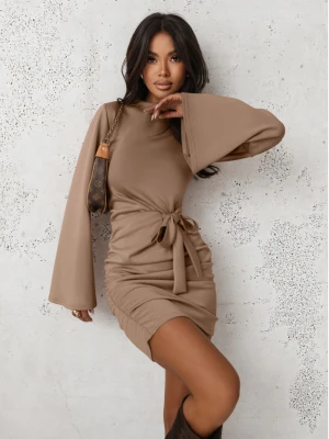 Masełkowa sukienka mini z wiązaniem MERE - mocha mousse  magmac 