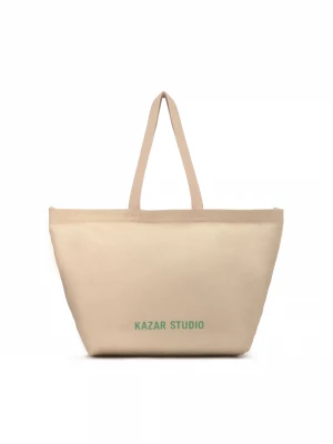 Materiałowa beżowa torebka na ramię z zielonym napisem Kazar