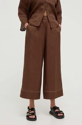 Max Mara Leisure spodnie lniane kolor brązowy szerokie high waist 2416131048600