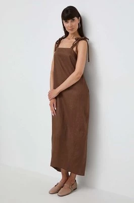 Max Mara Leisure sukienka lniana kolor brązowy maxi prosta 2416221038600