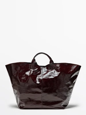 Maxi Torba Shopper Ze Skóry Nappa Z Efektem Spękania - Czekoladowy - Massimo Dutti - Female