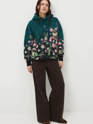Medicine bluza damska kolor zielony z kapturem wzorzysta