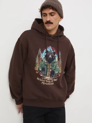 Medicine bluza męska kolor brązowy z kapturem z nadrukiem