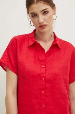 Medicine koszula lniana damska kolor czerwony regular z kołnierzykiem klasycznym