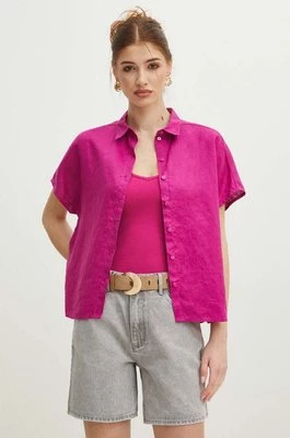 Medicine koszula lniana damska kolor fioletowy regular z kołnierzykiem klasycznym