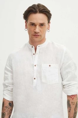 Medicine koszula lniana męska kolor biały regular ze stójką