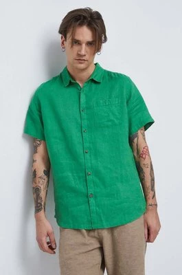Medicine koszula lniana męska kolor zielony regular z kołnierzykiem klasycznym