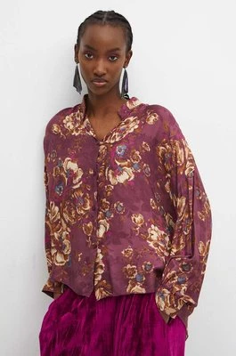 Medicine koszula z domieszką jedwabiu damska kolor fioletowy relaxed ze stójką