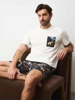 Medicine piżama bawełniana męska kolor beżowy wzorzysta