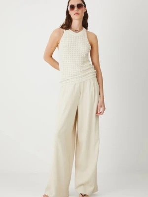 Medicine spodnie damskie kolor beżowy szerokie high waist