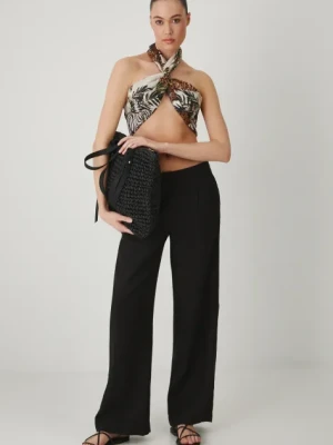 Medicine spodnie lniane damskie kolor czarny szerokie medium waist