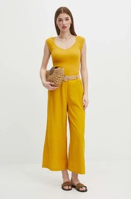 Medicine spodnie lniane damskie kolor żółty fason culottes high waist
