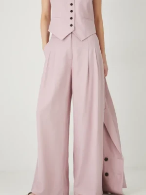 Medicine spodnie z domieszką lnu damskie kolor różowy szerokie high waist