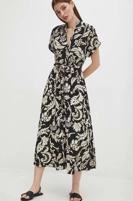 Medicine sukienka z domieszką lnu kolor czarny midi rozkloszowana