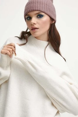 Medicine sweter z domieszką wełny damski kolor beżowy ciepły z półgolfem