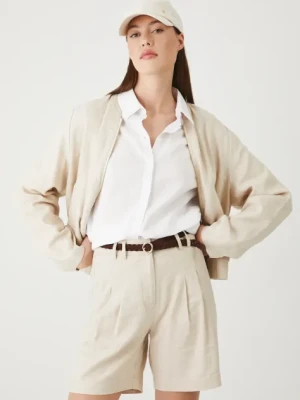 Medicine szorty lniane damskie kolor beżowy gładkie high waist