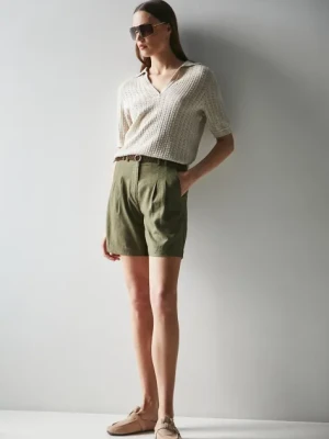 Medicine szorty lniane damskie kolor zielony gładkie high waist