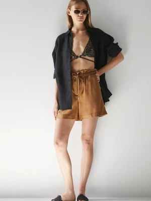 Medicine szorty z domieszką lnu damskie kolor brązowy gładkie medium waist
