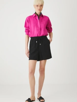 Medicine szorty z domieszką lnu damskie kolor czarny gładkie medium waist