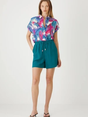 Medicine szorty z domieszką lnu damskie kolor zielony gładkie medium waist