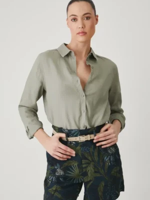 Medicine szorty z domieszką lnu kolor niebieski wzorzyste high waist