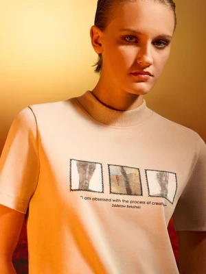 Medicine t-shirt bawełniany damski kolor beżowy z półgolfem