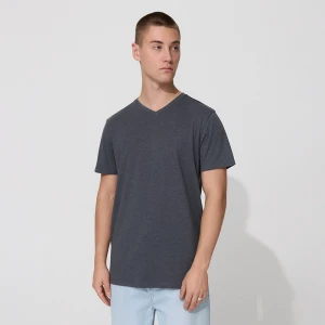 Melanżowa koszulka basic z dekoltem w serek grafitowa House