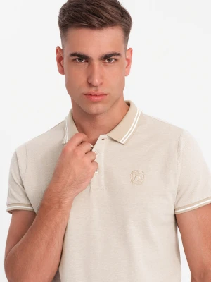 Melanżowa koszulka męska polo z kołnierzykiem w paski – piaskowa V4 - Rozmiar: L Ombre Clothing