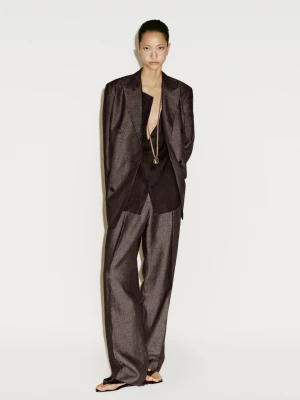 Melanżowe Spodnie Z Lnu Z Zakładkami − Limited Edition - Czekoladowy - - Massimo Dutti - Kobieta