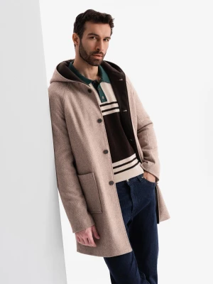 Melanżowy długi męski płaszcz z kapturem – beżowy V2 - Rozmiar: S Ombre Clothing