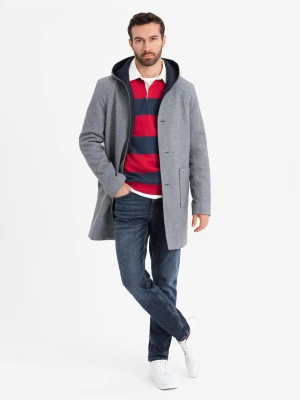 Melanżowy męski długi płaszcz z kapturem – szary V1 - Rozmiar: S Ombre Clothing