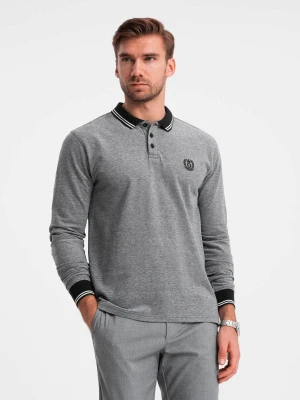 Melanżowy męski longsleeve polo z haftem – czarny melanż V1 - Rozmiar: L Ombre Clothing