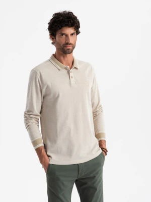 Melanżowy męski polo longsleeve z haftem – piaskowy melanż V4 - Rozmiar: XXL Ombre Clothing