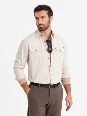 Męska bawełniana koszula REGULAR FIT z kieszeniami zapinanymi na guziki - kremowa V1 - Rozmiar: S Ombre Clothing