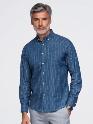 Męska bawełniana koszula z cienkiego jeansu we wzór– niebieska V2 - Rozmiar: L Ombre Clothing
