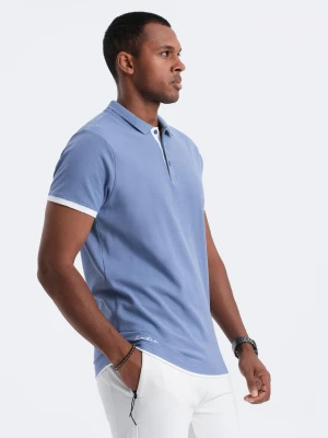 Męska bawełniana koszulka polo z kontrastowymi wykończeniami – niebieska V3 - Rozmiar: L Ombre Clothing