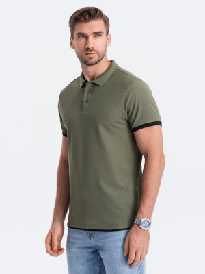 Męska bawełniana koszulka polo z kontrastowymi wykończeniami – oliwkowa V6 - Rozmiar: XL Ombre Clothing